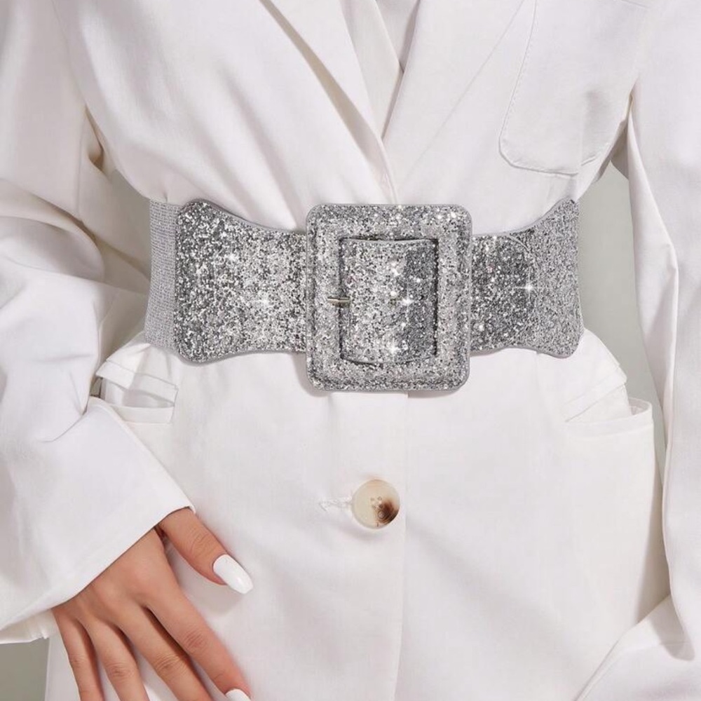 Party Ladies' Fashionable Square Buckle Dress With Pu Belt, Suitable